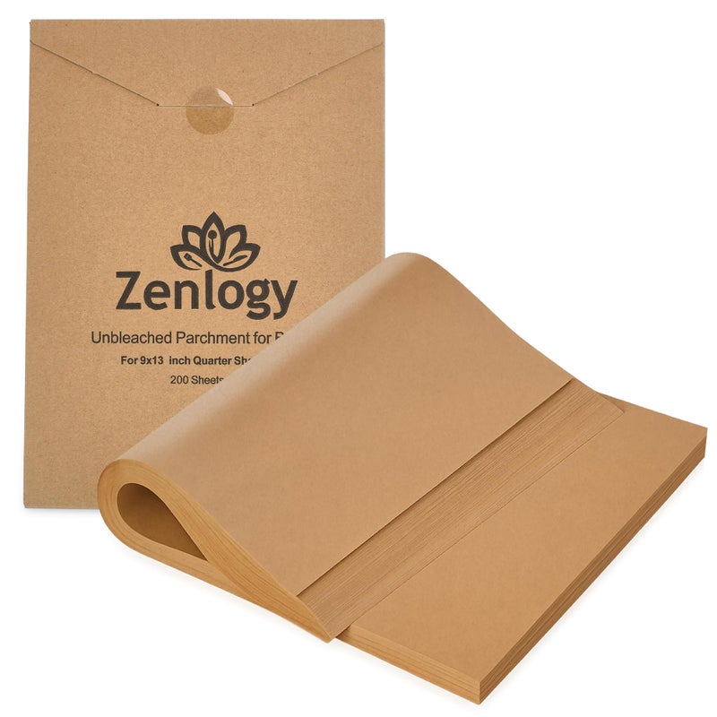 Zenlogy 9x13 Parchment Paper (200 sheets) - Unbleached, High Heat, Non-stick, Pre-cut Baking Paper for Quarter Sheet Pans - Great for Baking, Roasting, Wrapping, Dehydrator, and so much more - Image 1